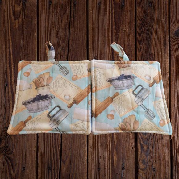 Handmade Potholder, Set of 2, Reversible Baking and Blue Gingham Hot Pads - Picture 2 of 6